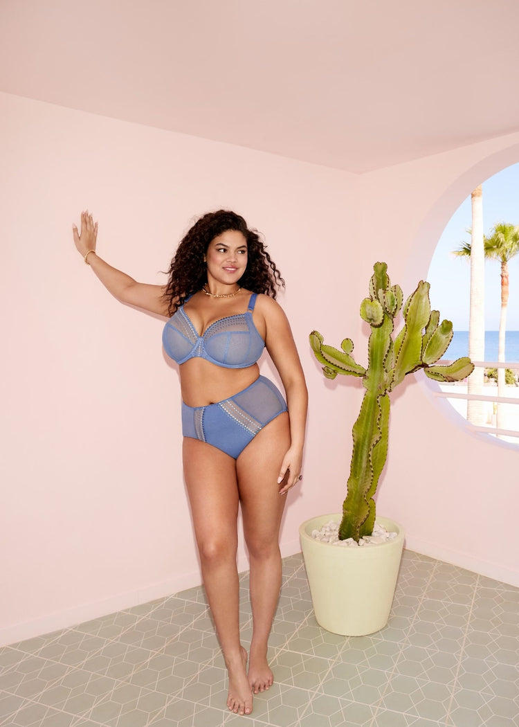 Model in Matilda Full Cup Plunge BH Lunar Blue lifestyle