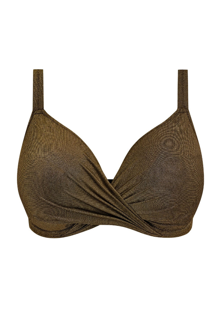 Model in Sunset Shimmer Plunge Bikini Top Gold Rush packshot