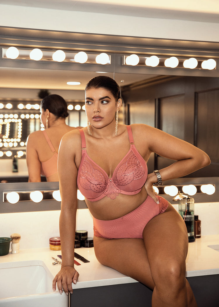 Model in Priya Plunge BH Rose Gold lifestyle