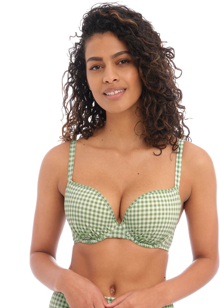 Model In Freya Check In Voorgevormde Bikini Top Khaki Voorzijde