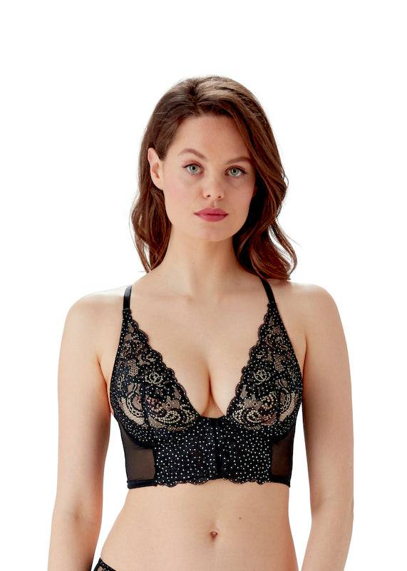 Model In Gossard Glitter Deep-V Bralette Zwart Voorzijde