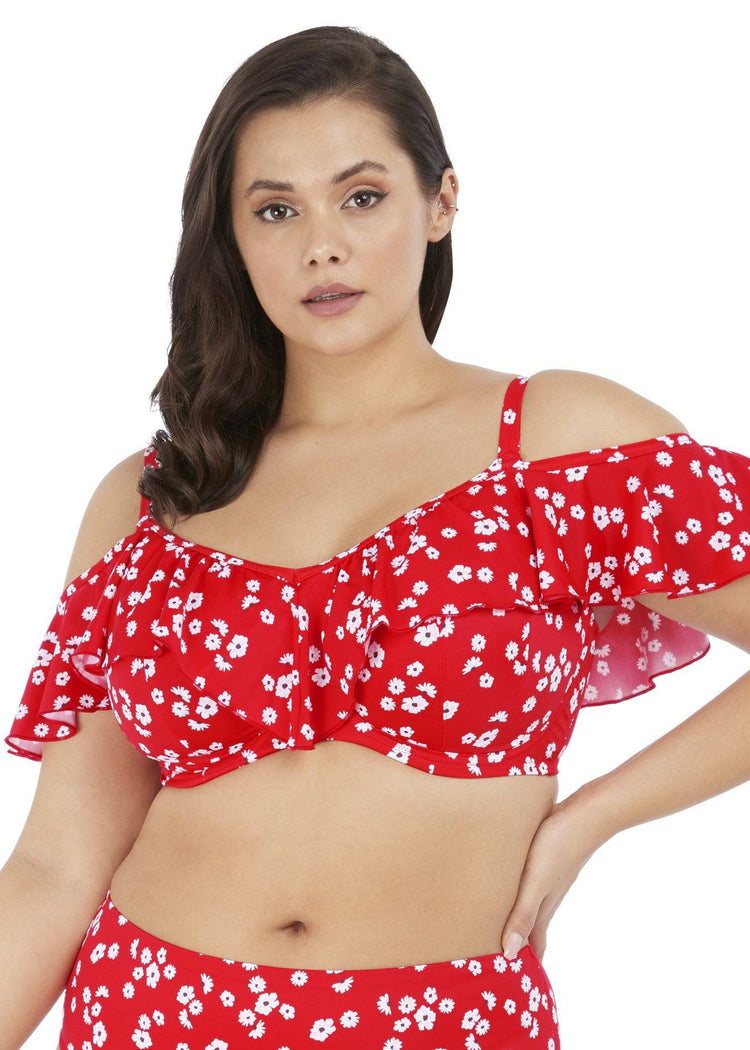 Model in Elomi Plain Sailing Bikini Top Red Floral