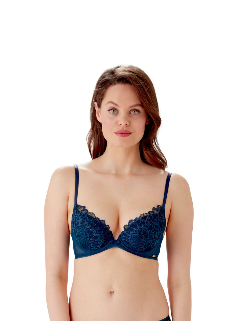 Model In Gossard Swirl Voorgevormde Plunge BH Dark Teal Voorzijde