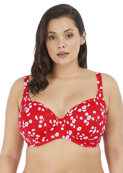 Model in Elomi Plain Sailing Sweetheart Bikini Top Red Floral