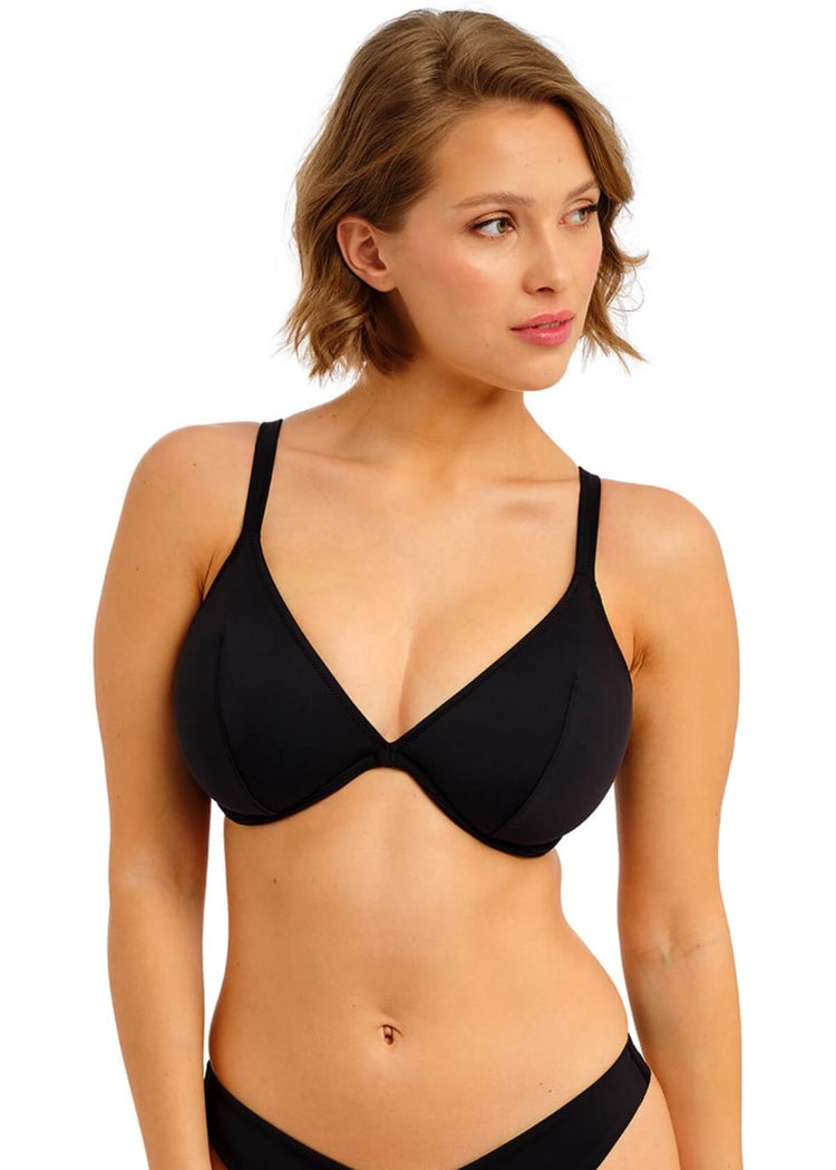 Model in Jewel Cove Plunge Bikini Top Zwart voorzijde