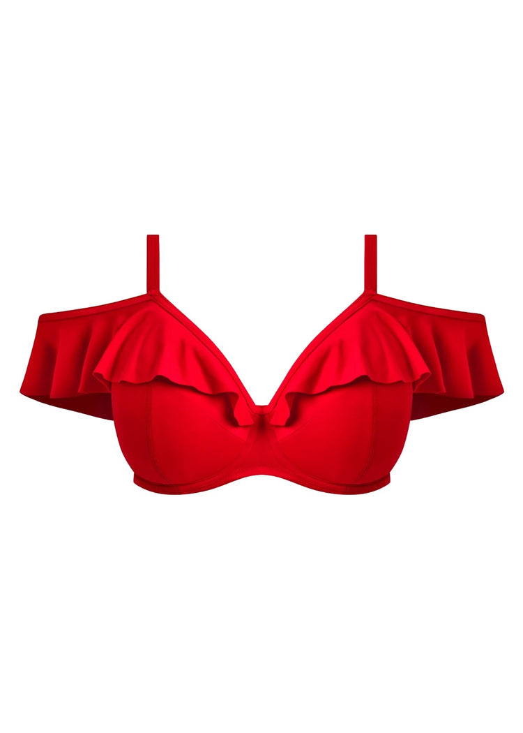 Model in Plain Sailing Plunge Shoulder Bikini Top Lava packshot