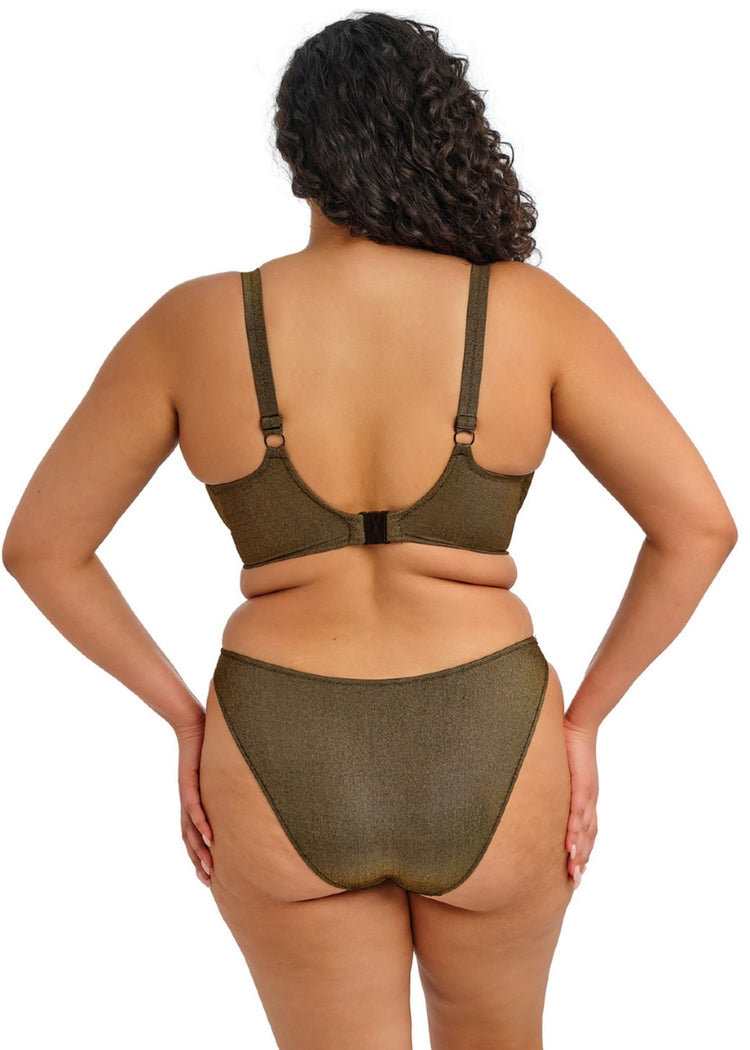 Model in Sunset Shimmer Plunge Bikini Top Gold Rush achterzijde