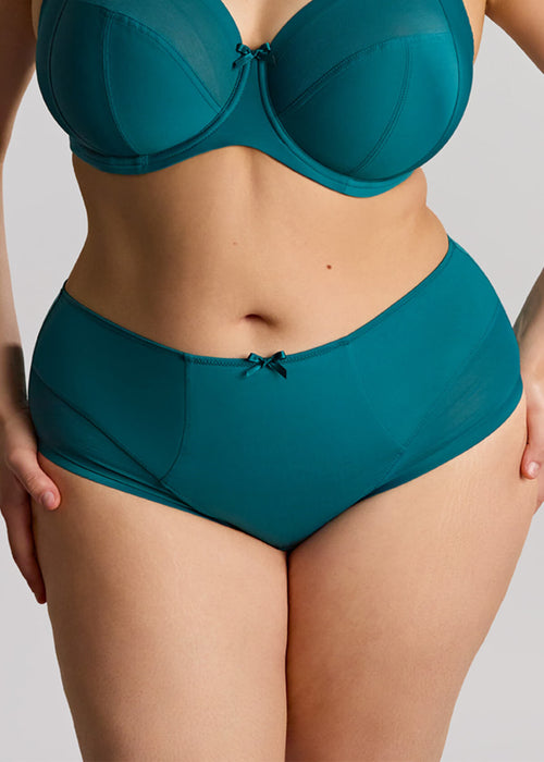 Model in Bliss Mid-Rise Broekje Teal voorzijde 
