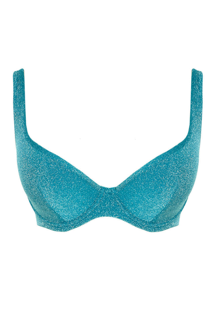 Model in Billie Plunge Bikini Top Teal Sparkle packshot