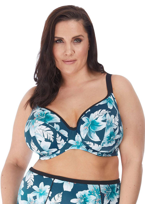 Model in Elomi Island Lily Plunge Bikini Top Petrol voorzijde