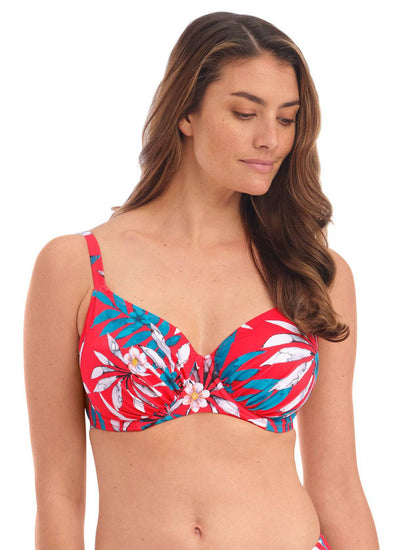 Model In Fantasie Santos Full Cup Bikini Top Pomegranate Voorzijde