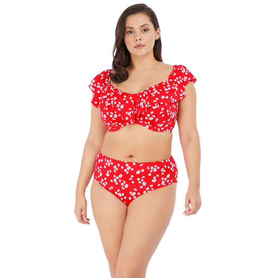 Model in Elomi Plain Sailing Bikini Top Red Floral