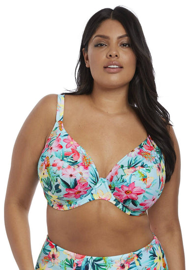 Model in Elomi Aloha Aqua Plunge Bikini Top Licht Blauw