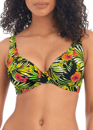 Model in Maui Daze High Apex Bikini Top Multi Voorzijde